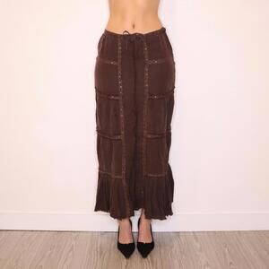 Y2K Brown Linen Boho Maxi Skirt (S/M) 